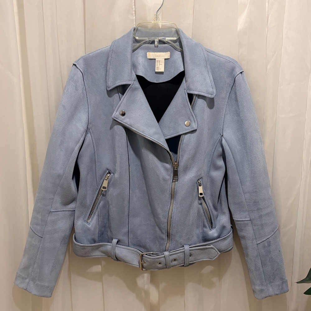 H&M Spring Light Blue Faux Suede Moto Jacket size 12